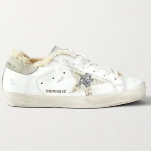 GOLDEN GOOSE Superstar shearling-lined distressed glittered leather sneakers